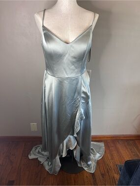 SORELLA VITA Silver Gray Satin Slip Gown with Ruffle Detail